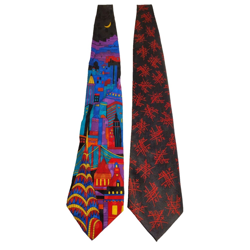 Addiction Men's Neck Tie Tic Tac Toe Hearts / City Novelty Ties‎ Lot of 2